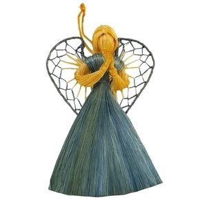 Vintage Straw Praying Angel Hand Woven Christmas Hanging Ornament w/ Blue Dress